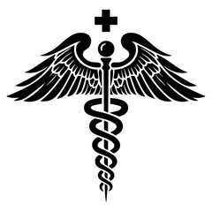 Caduceus health symbol Asclepius's Wand icon black color, silhouette, vector, illustration - obrazy, fototapety, plakaty