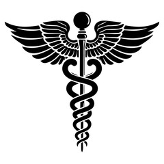 Caduceus health symbol Asclepius's Wand icon black color, silhouette, vector, illustration - obrazy, fototapety, plakaty
