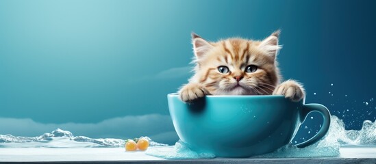 Modern collage art depicting a cat tea cup and blue background Represents overcoming and freedom...