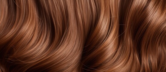 Naklejka premium Long beautifully styled wavy brown hair with shiny curls background of close up Hair coloring hairdressing procedures and extensions Copy space image Place for adding text or design