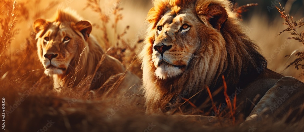 Poster lions in grass image copy space image place for adding text or design
