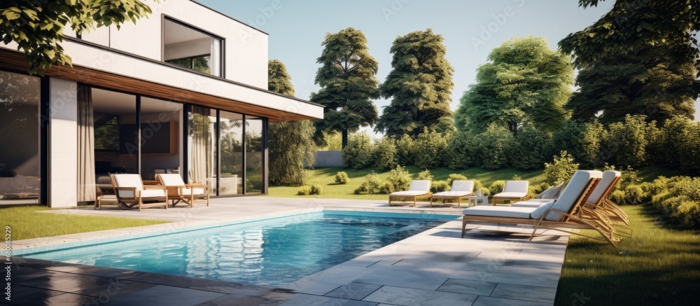 Poster modern house backyard with pool faux lawn trees and seating copy space image place for adding text o