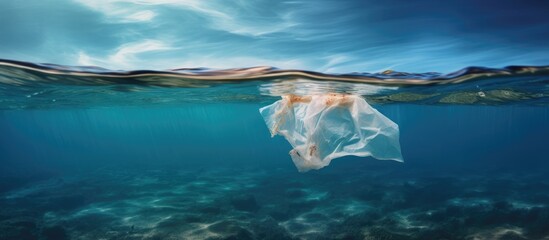Ocean polluted by a composite photo of plastic bags Copy space image Place for adding text or design