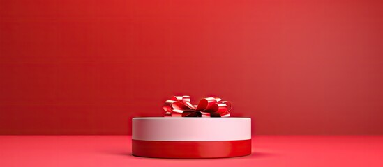 Minimalistic red podium with gift box on red backdrop 3D render for Valentine s and Christmas product design Copy space image Place for adding text or design