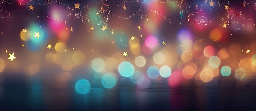 Multicolored bokeh lights surround music notes and stars Copy space image Place for adding text or design