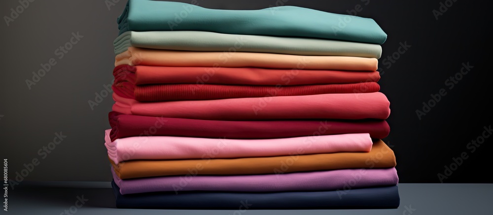 Poster neatly folded assortment of pastel shirts and sweaters on white background copy space image place fo