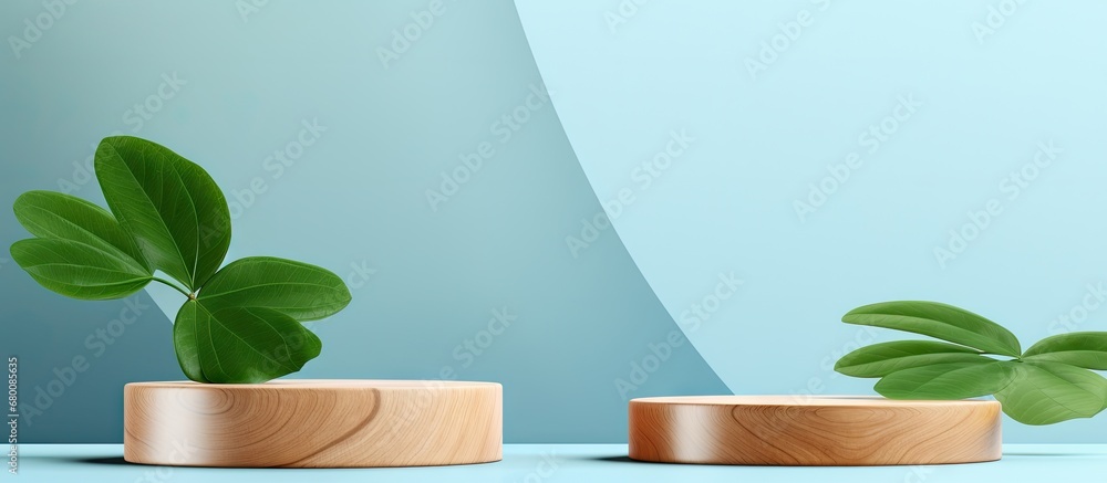 Poster minimalistic display of cosmetic products on wooden podiums accentuated by green leaves against a ne