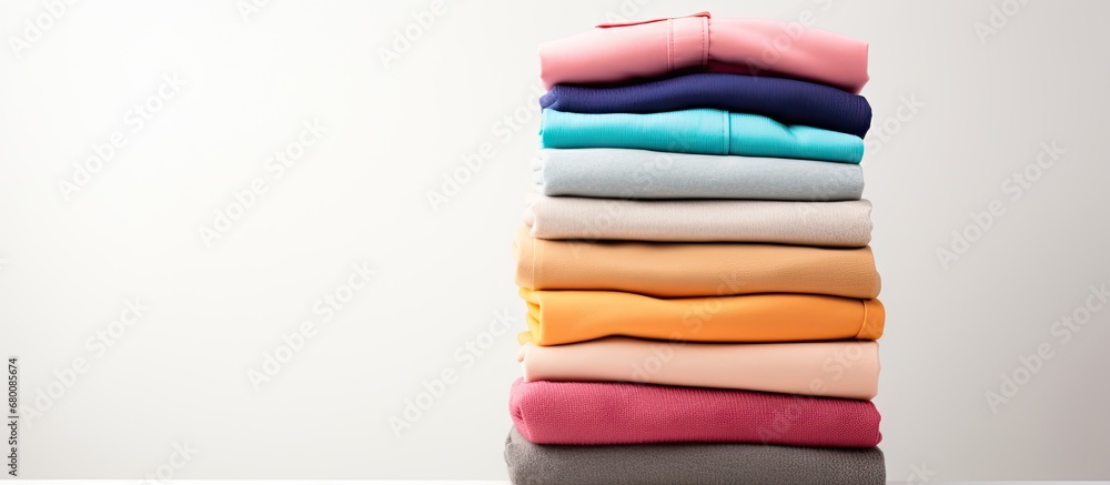Poster neatly folded assortment of pastel shirts and sweaters on white background copy space image place fo