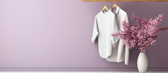 Lilac branch on wardrobe with clothes in mockup Copy space image Place for adding text or design