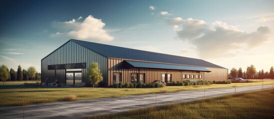 New rustic themed warehouse and farm buildings in an outdoor vintage vibe Copy space image Place for adding text or design - obrazy, fototapety, plakaty