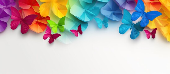 Multicolored paper backdrop with origami butterflies representing Zero Discrimination Day Blank area for message Copy space image Place for adding text or design - obrazy, fototapety, plakaty