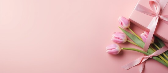 Fototapeta na wymiar Mother s Day concept Top view photo of a pink giftbox with a ribbon and bouquet of tulips on a pastel pink background with space for text Copy space image Place for adding text or design
