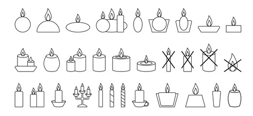 Vector set candles icons Black stroke line Candles symbol rectangular, round, trapezoid. Crossed out - obrazy, fototapety, plakaty