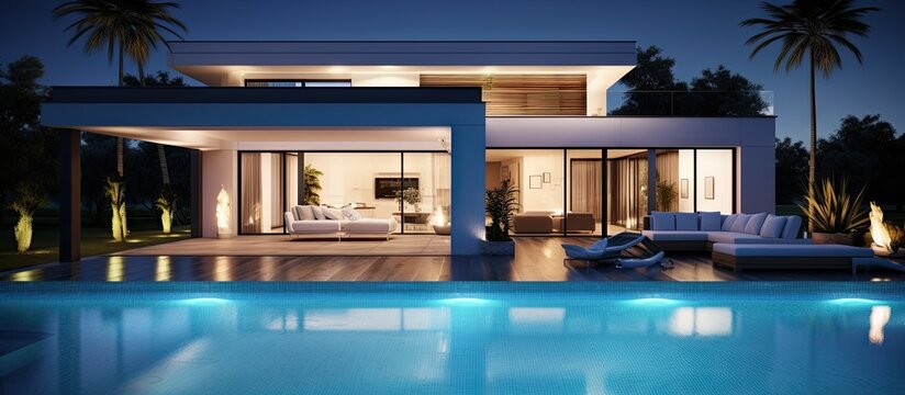 Nighttime 3D rendering of a modern villa with a pool and LED lighting Copy space image Place for adding text or design