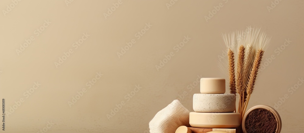 Poster minimalist skincare items on a beige background soap brush washcloths copy space image place for add