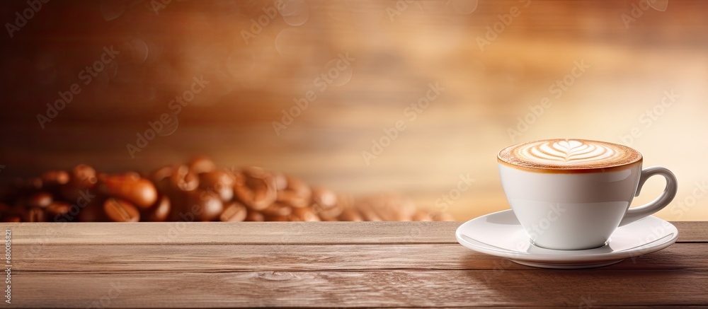 Poster latte coffee on wooden bar copy space image place for adding text or design