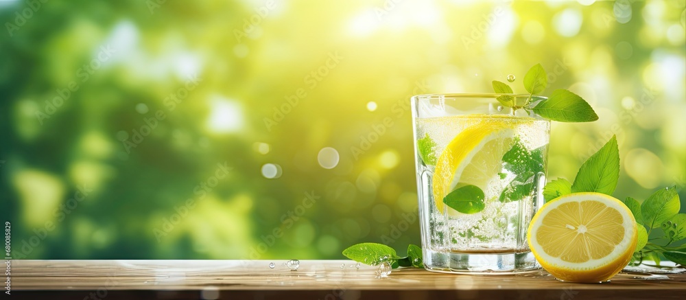 Poster lemonade with splash on wooden table green blurred background refreshing summer drink cold water wit