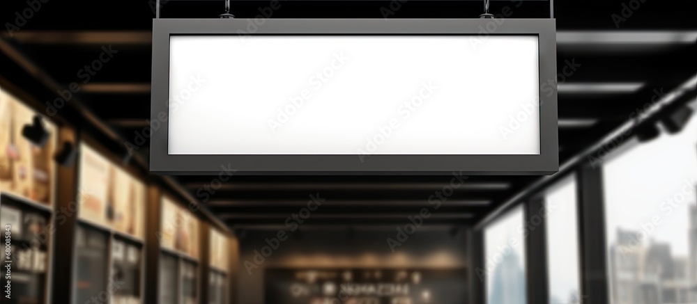 Poster mockup of a clear shop sign template hanging on a wall for logo presentation in a cafe restaurant or