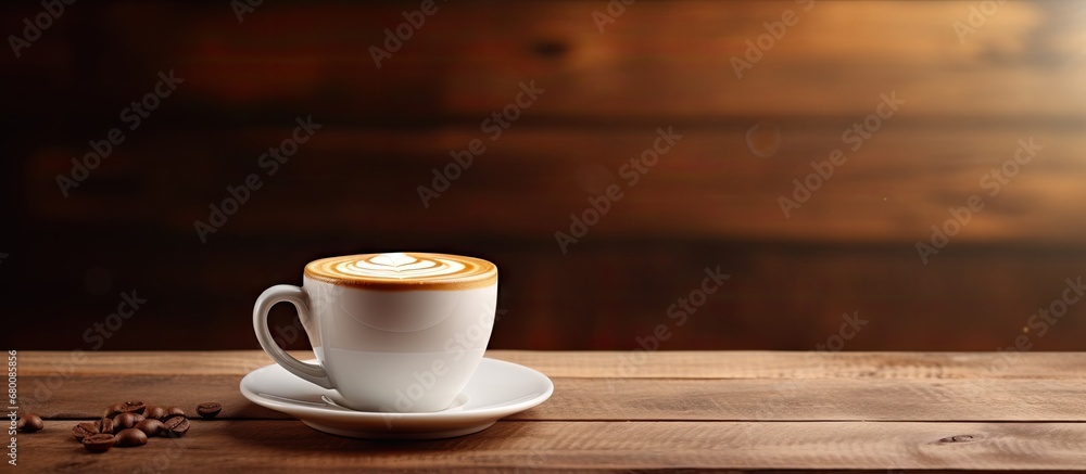 Poster latte coffee on wooden bar copy space image place for adding text or design