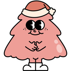Pink Christmas tree ornament retro cartoon doodle style. Cute Groovy hippie 70s aesthetic for Merry Christmas and Happy New year greeting card, poster, party invitation.