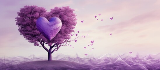 Lavender purple ribbon represents cancer awareness during World Cancer Day and National Cancer Survivors Month symbolized by a heart shaped tree Copy space image Place for adding text or design - obrazy, fototapety, plakaty