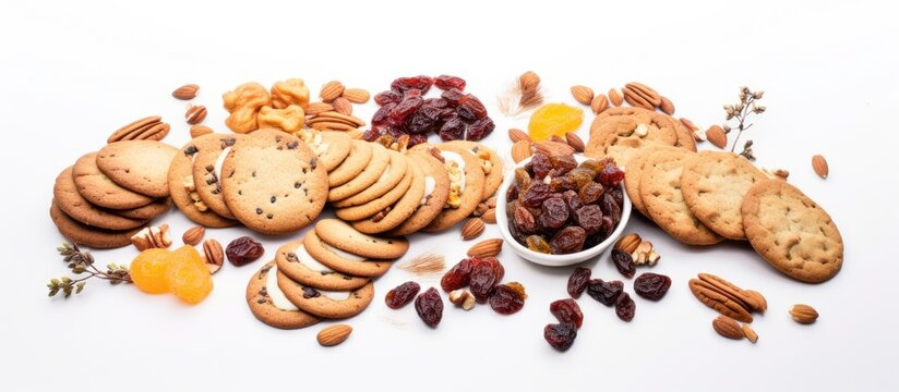 Nuts and candied fruits on a white background Homemade cookies pattern food Copy space image Place for adding text or design