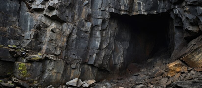 Mineral historic mine entrance to cave in Spro Nesodden Norway Copy space image Place for adding text or design