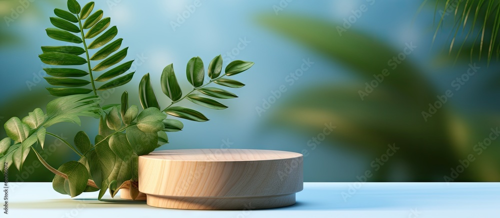 Poster minimalistic display of cosmetic products on wooden podiums accentuated by green leaves against a ne