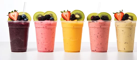 Fototapeten Mixed fruit smoothies on white background with black currant strawberry kiwi orange and banana Copy space image Place for adding text or design © Ilgun