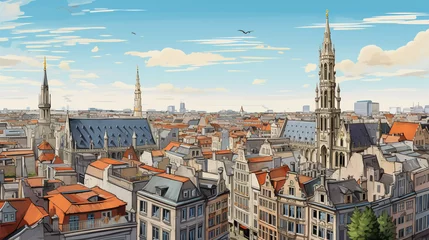 Fotobehang Drawing of Brussels with landmark and popular for tourist attractions © Johannes