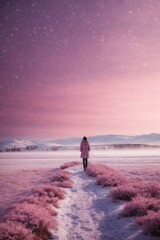 Rear view of a woman looking into the distance against a pink sunset sky in winter.