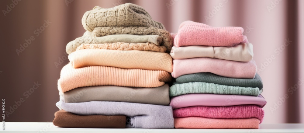 Poster neatly folded clothes on dresser top pastel sweaters in stack copy space close up copy space image p