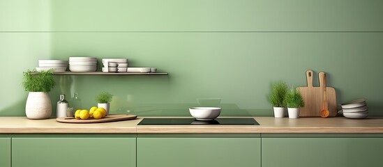 Modern kitchen with light worktop sink stove oven and utensils Green boxes under the countertop 3D rendering Copy space image Place for adding text or design