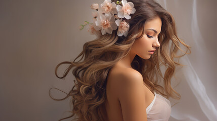 Creative wedding hairstyle with fresh flowers in the hair. Young bride with elegant hairstyle with curls.