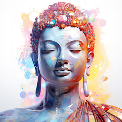 Buddha's face is made of 3D pixels hologram style white background by Ai generated