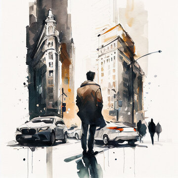 Watercolor scketch, vintage city street view. Generative AI.	