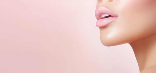 Young beautiful woman with plump glossy lips isolated on pastel background with copy space. Banner for cosmetologist, beauty salon, injection lip with hyaluronic acid. - obrazy, fototapety, plakaty