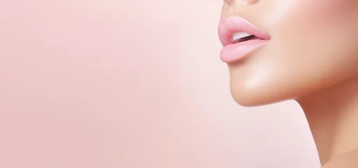 Fotobehang Young beautiful woman with plump glossy lips isolated on pastel background with copy space. Banner for cosmetologist, beauty salon, injection lip with hyaluronic acid. © dinastya