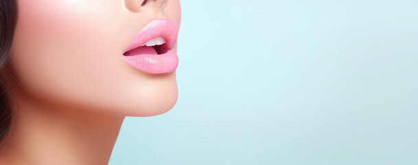 Young beautiful woman with plump glossy lips isolated on pastel background with copy space. Banner for cosmetologist, beauty salon, injection lip with hyaluronic acid. - obrazy, fototapety, plakaty