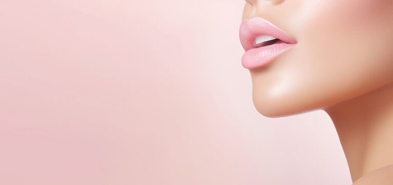 Young beautiful woman with plump glossy lips isolated on pastel background with copy space. Banner for cosmetologist, beauty salon, injection lip with hyaluronic acid.
