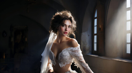 Fototapeta premium bride posing with white wedding gown portrait elegant luxurious dress bridal 