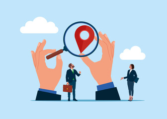Big hands human with magnifying glass and with map location. Modern vector illustration in flat style