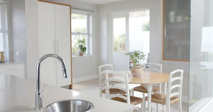 Big white empty kitchen with plants, big wardrobe and table with chairs, slow motion