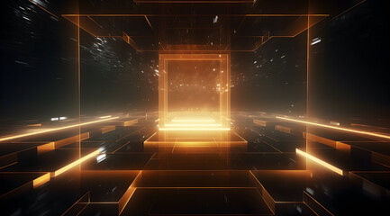 Futuristic golden digital space with floating geometric cubes and an infinite perspective.