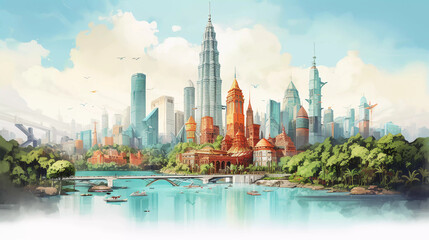Drawing of kuala lumpur with landmark and popular for tourist attractions - obrazy, fototapety, plakaty
