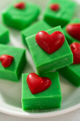 Green fudge with red hearts