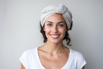 Portrait of a satisfied woman in her 30s wearing a versatile buff against a white background. AI Generation