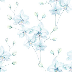 Elegant delicate seamless pattern soft blue orchid flowers and light green buds, blue pastel colored romantic floral orchids bouquet on white background. Digital Watercolor painting. - 680089242