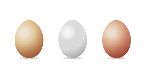Set of dark and light brown realistic whole chicken eggs. 3d illustration of three eggs collection