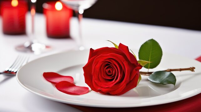 Culinary romance: A red rose delicately placed on a white plate, creating an elegant Valentine's Day image. Perfect for conveying the essence of love through a beautifully plated culinary creation.